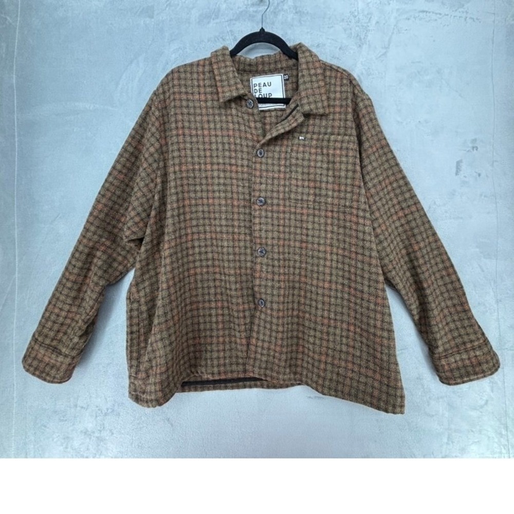 Peau De Loup Beta Button Up Wool Blend Plaid Shirt Brown Orange Mens 20